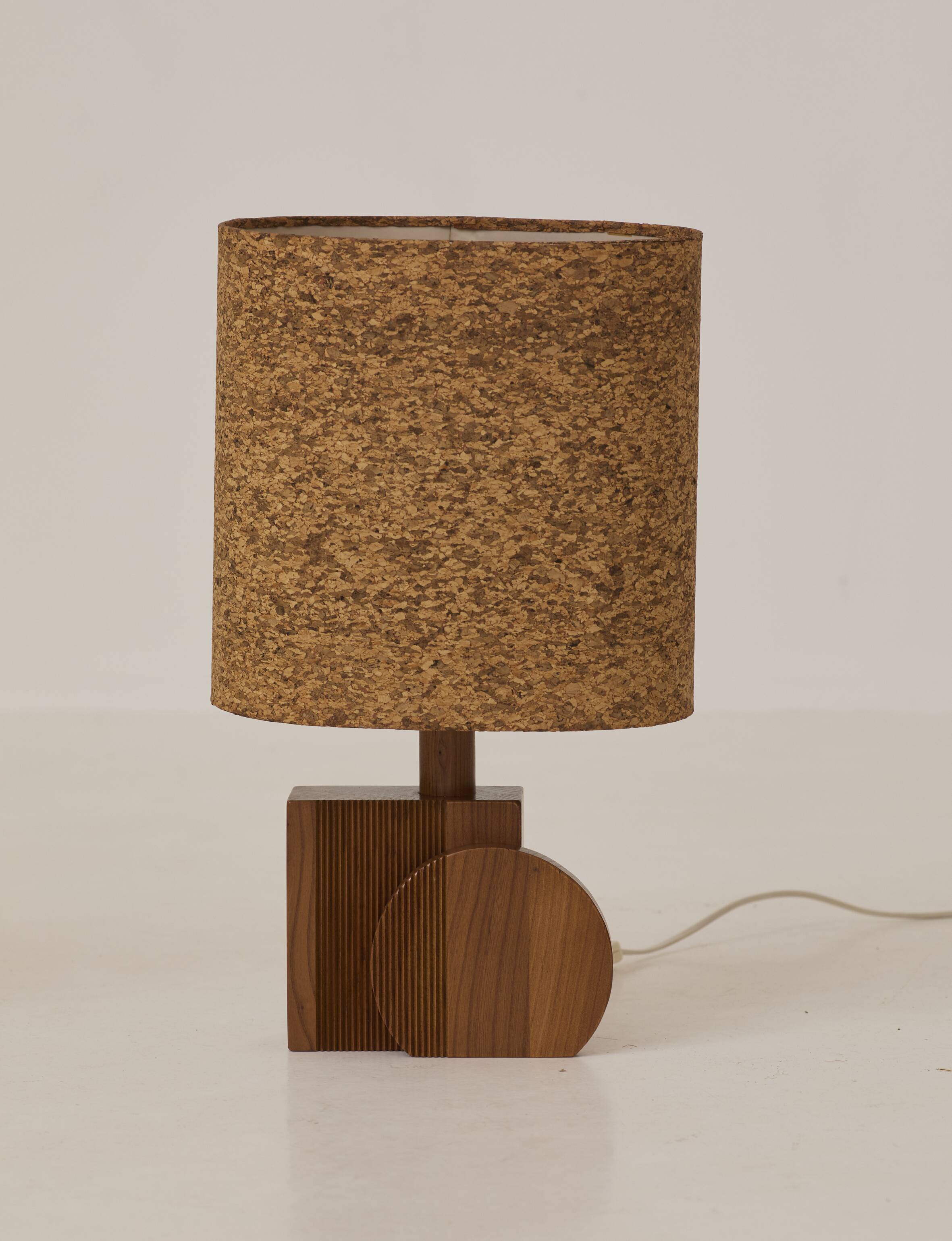Pair of handcrafted lamps in solid oak with cork shades, circa 1970
