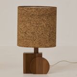 Pair of handcrafted lamps in solid oak with cork shades, circa 1970