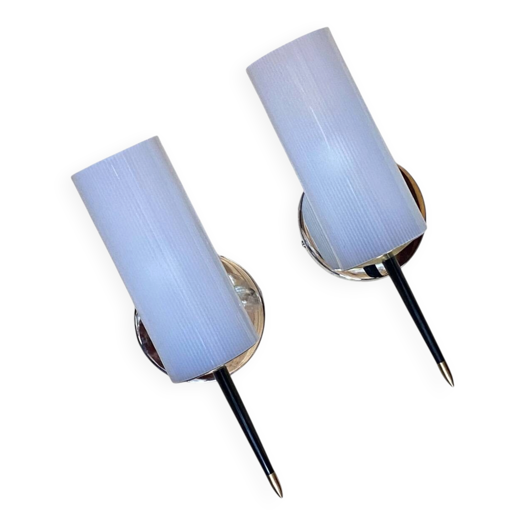 Pair of vintage wall sconces in plexiglass plastic and brass.