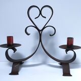 Patinated wrought iron candle holder heart pattern two lights