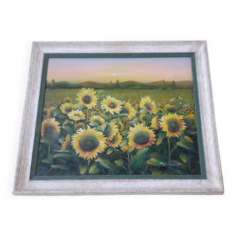 Vintage oil painting depicting a sunflower landscape