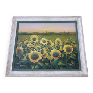 Vintage oil painting depicting a sunflower landscape