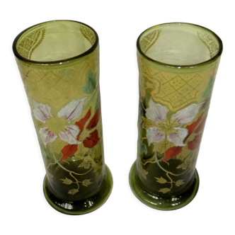 Paire vases émaillé Legras art nouveau décor de fleurs et dorure rouleau
