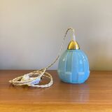 Antique tulip pendant lamp with blue opaline glass and brass suspension claw LAMP-7383