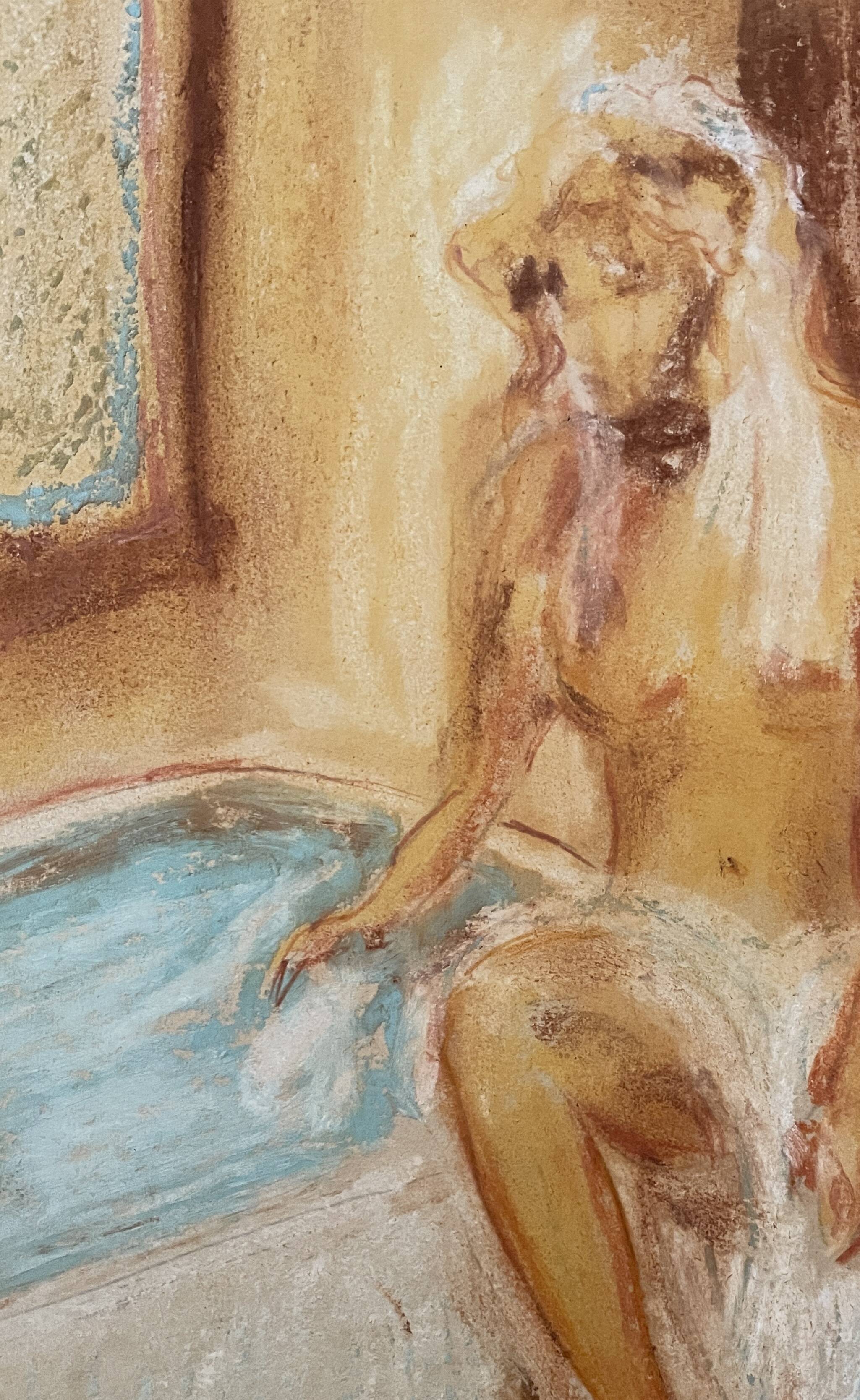 Signed pastel painting "The Bath" featuring a female portrait.