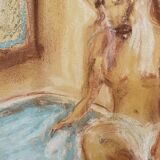 Tableau signé pastel  portrait féminin « le bain »