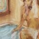 Tableau signé pastel  portrait féminin « le bain »