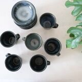 Serving of 6 cups and under cups in stoneware, Manziat, vintage