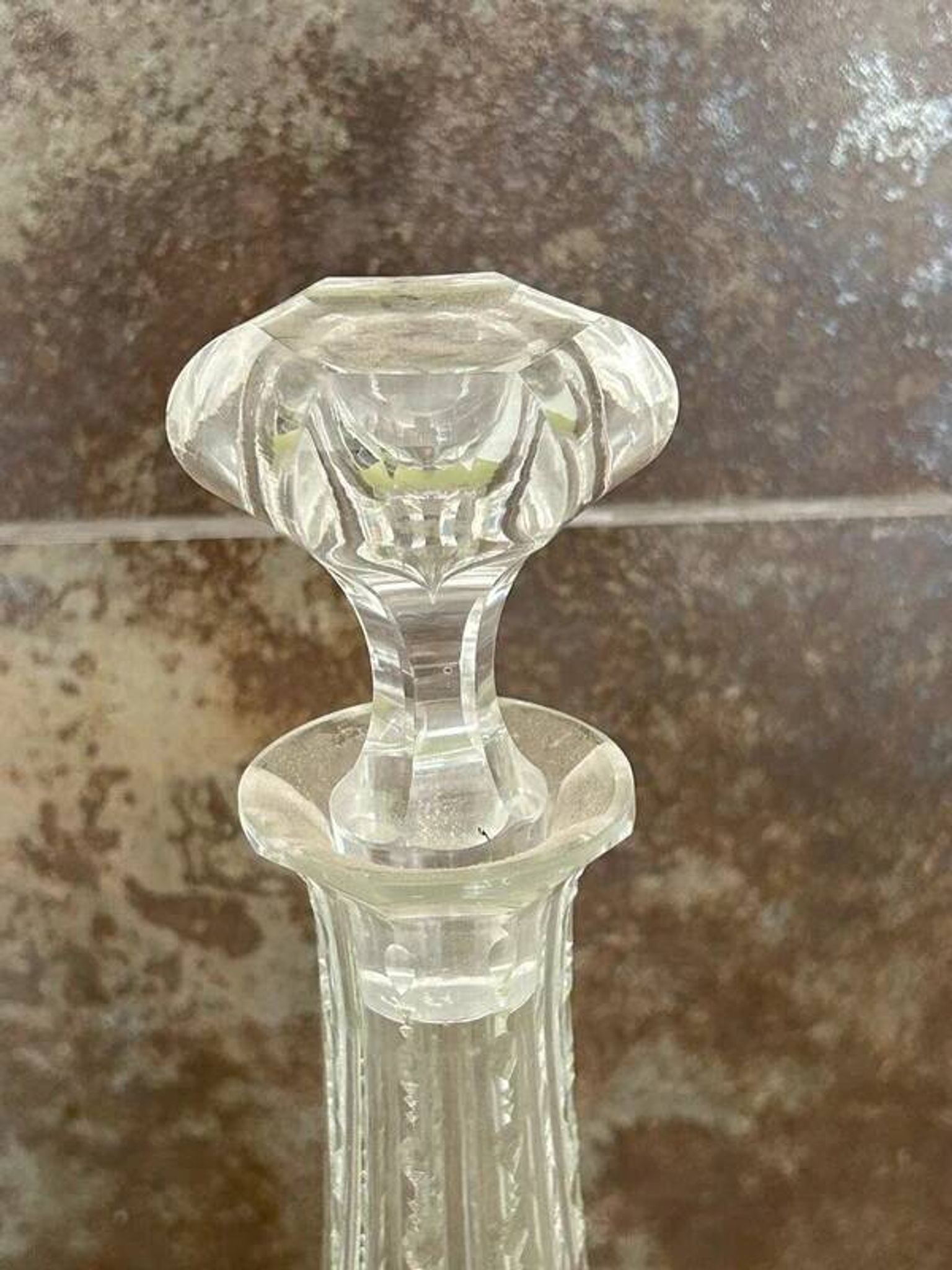 Long carafe with a cut Bohemian crystal stopper, design decor, 38.5 cm.