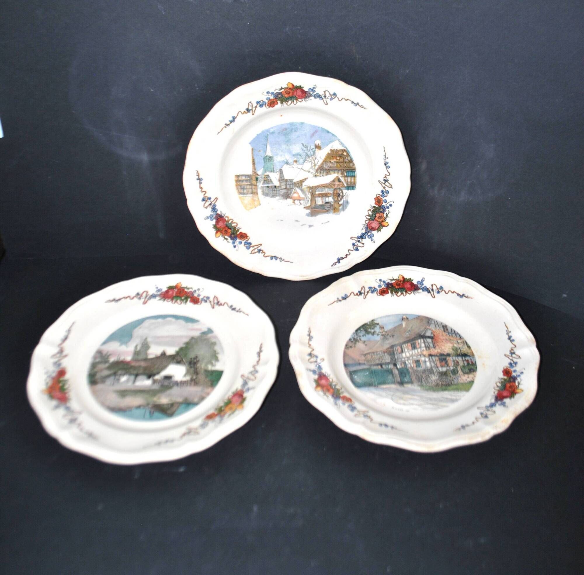 Sarreguemines set of 3 flat plates Obernai village Alsace by Loux