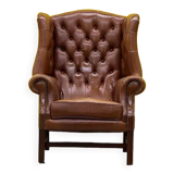 Brown leather chesterfield wing chair with Ottoman