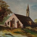 Huile sur toile XXe représentant une église bretonne par Guimard