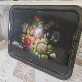 Plateau russe en tôle noire peinte à la main