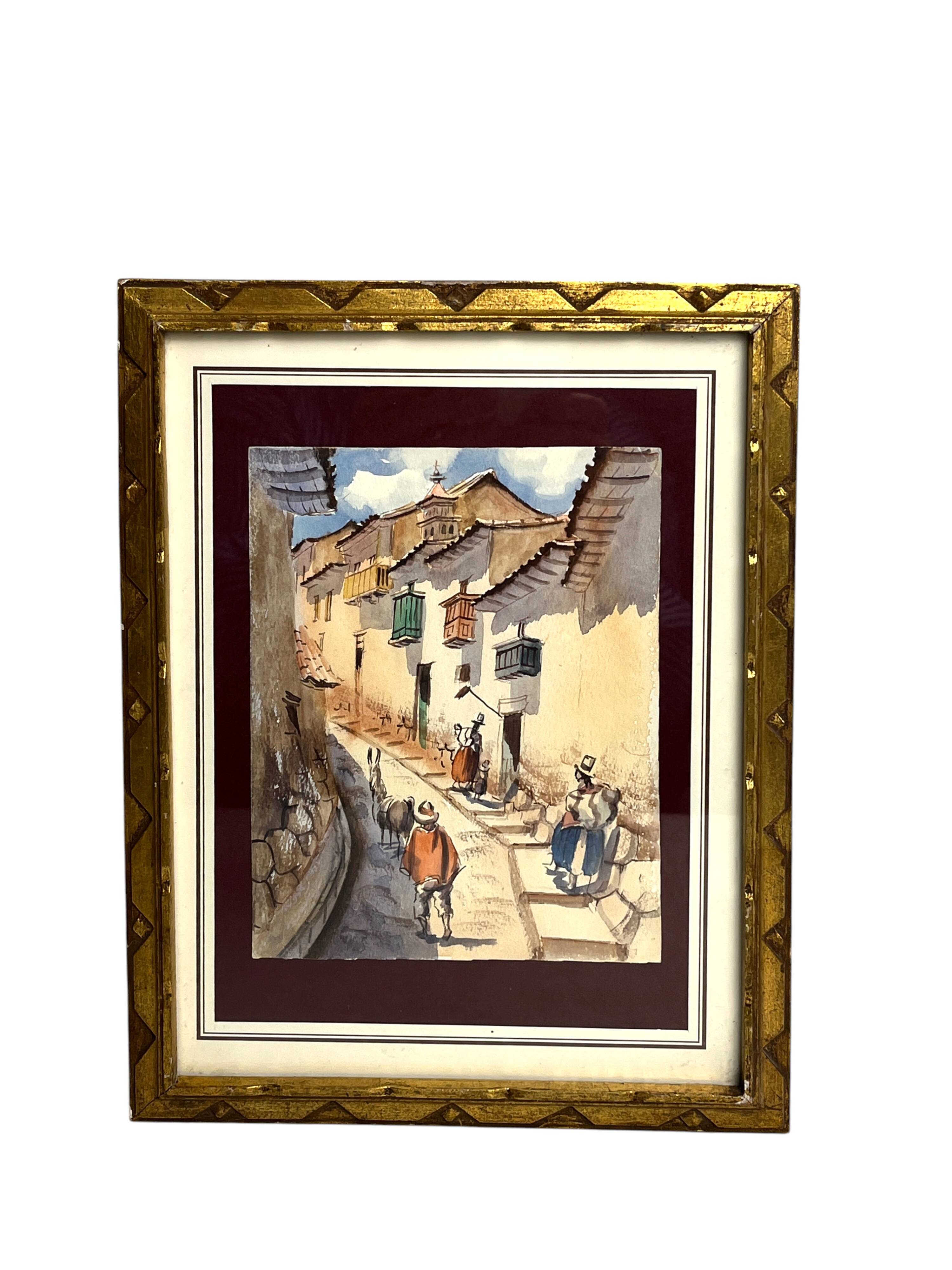 Gouache, lively street scene, South America, signed, 20th century