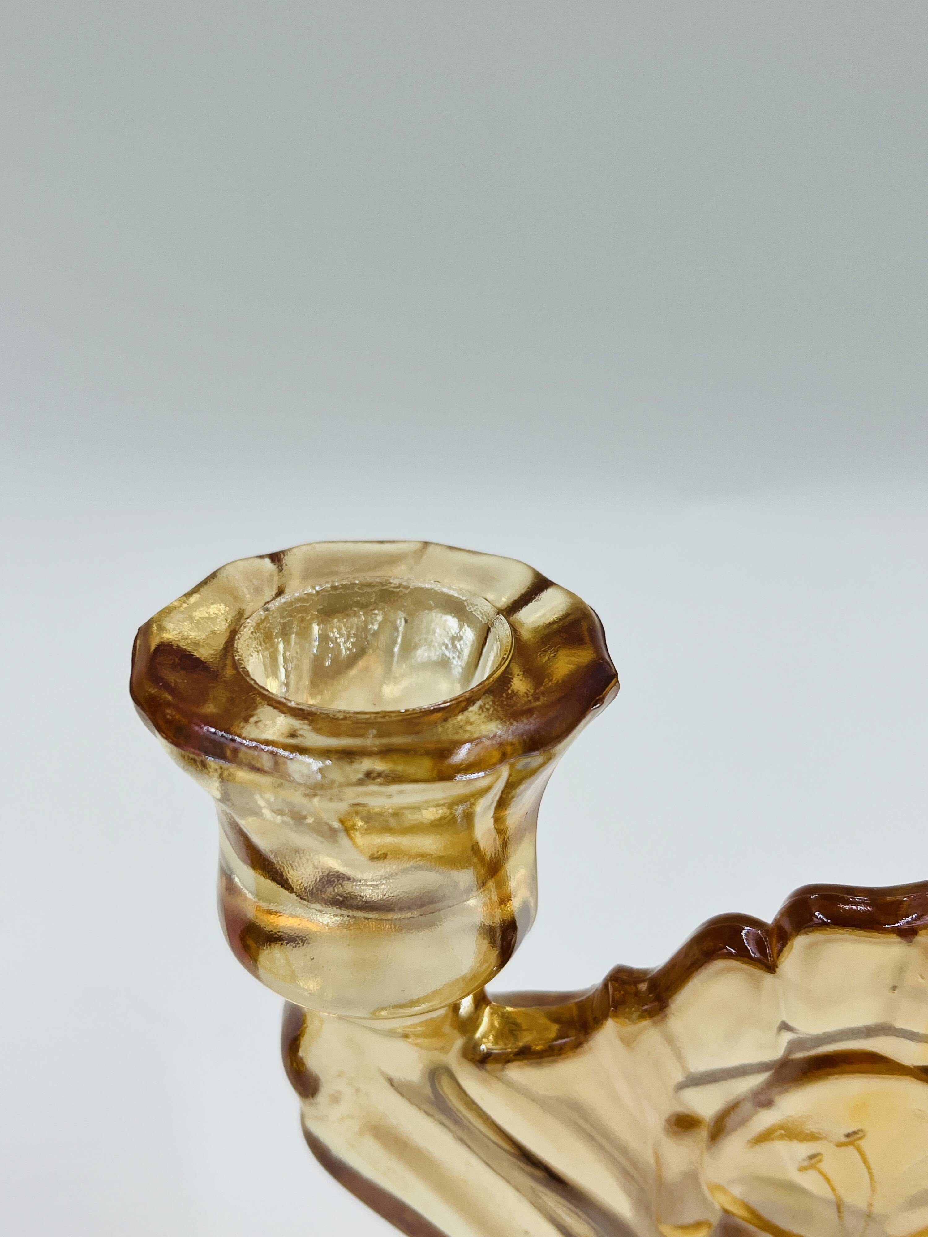 Pair of Empoli amber glass chandeliers in Art Deco style