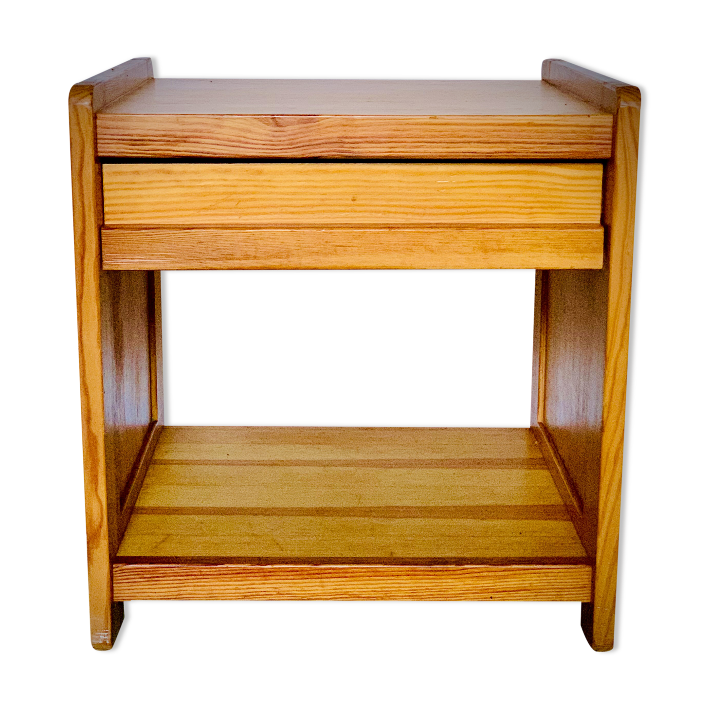 Table de chevet avec tiroir en pin blond massif vernis 1970