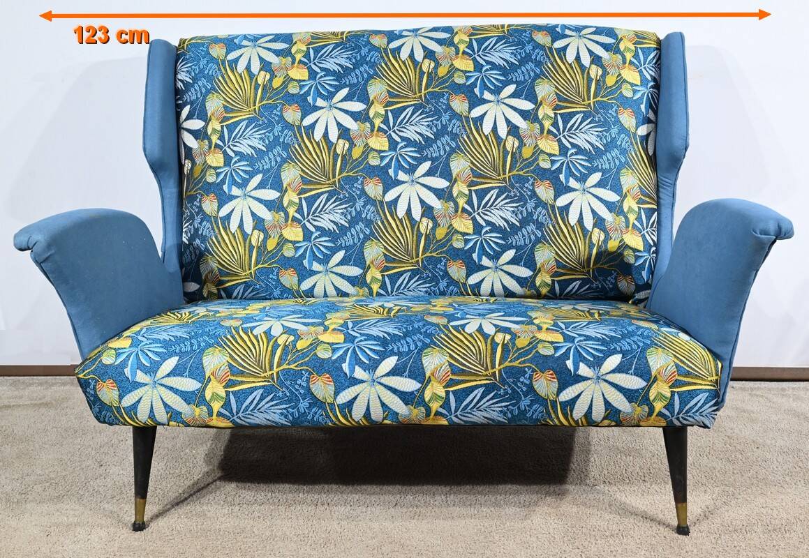 2-Seater Bench in Azure Blue Fabric – 1940s