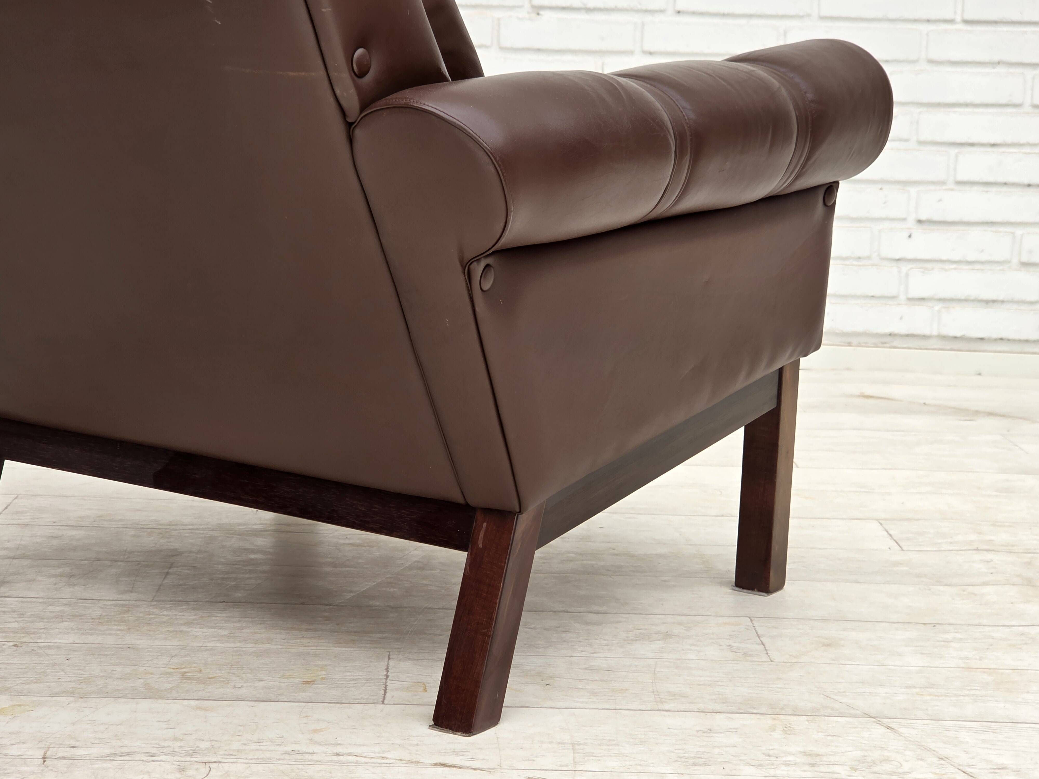 1970s, Danish armchair, original brown furniture leather.