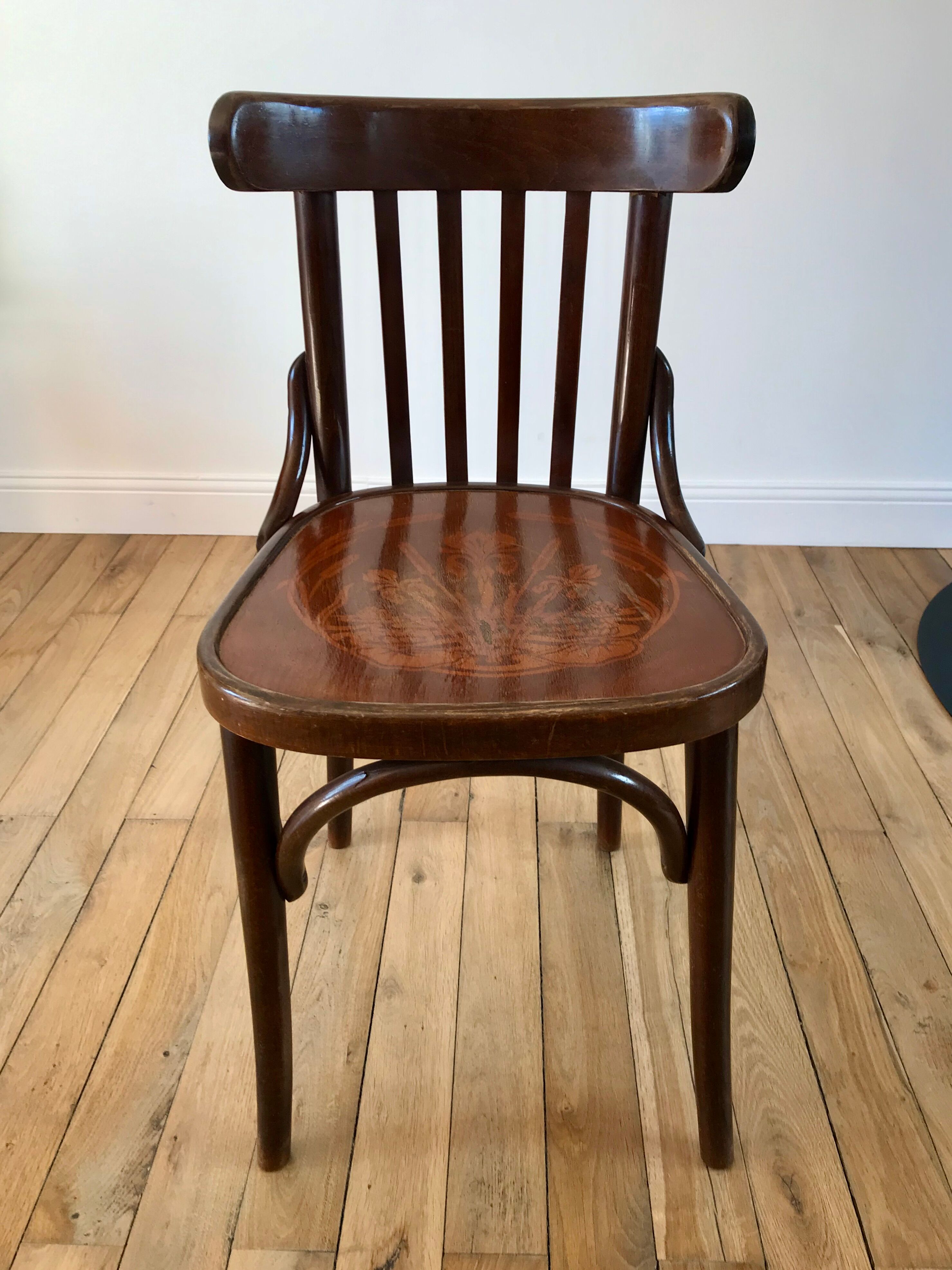 Pair of baumann bistro chairs in bent wood with early twentieth century design