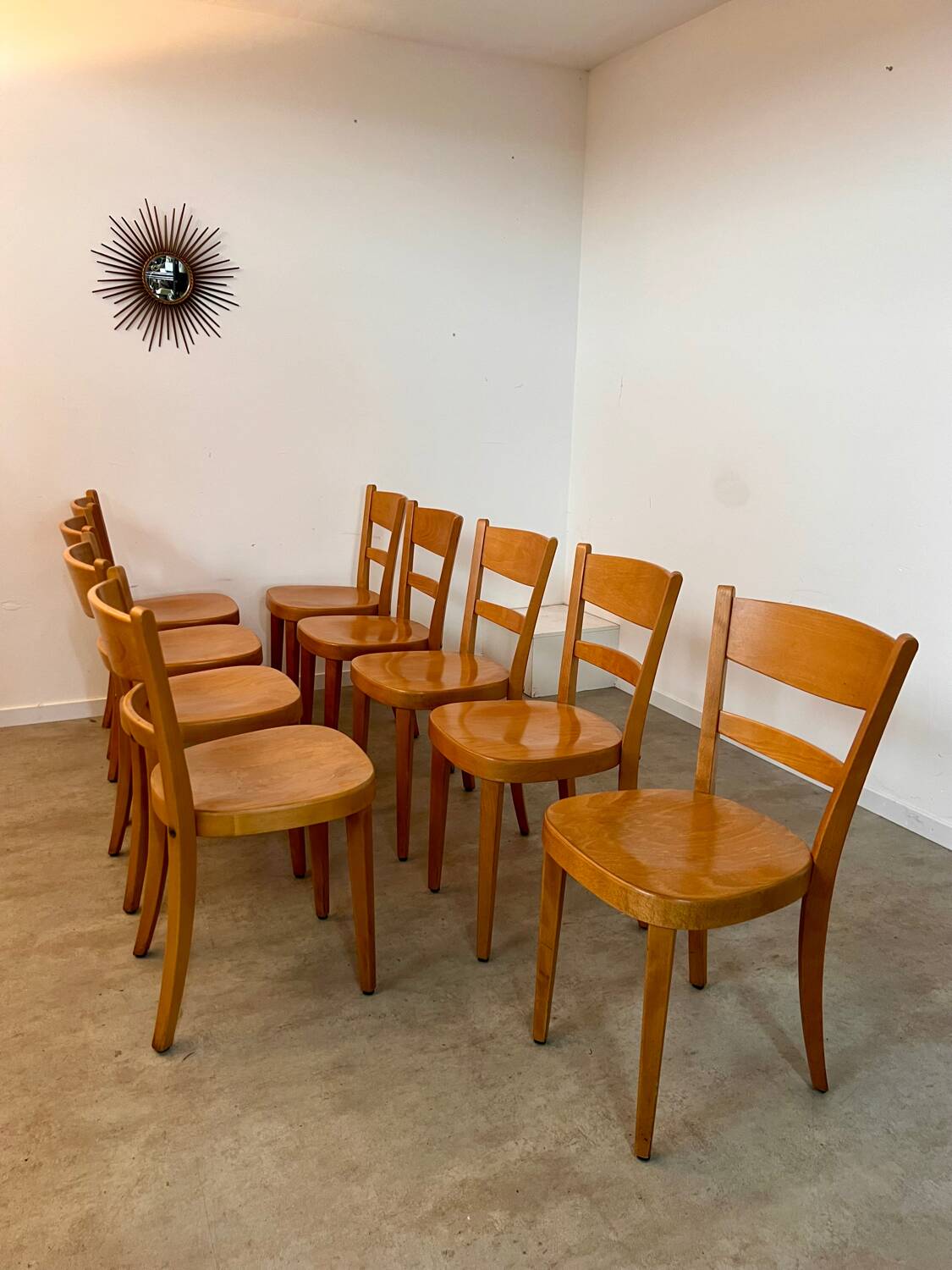 Set of 9 vintage wooden bistro chairs designed by Horgen Glarus