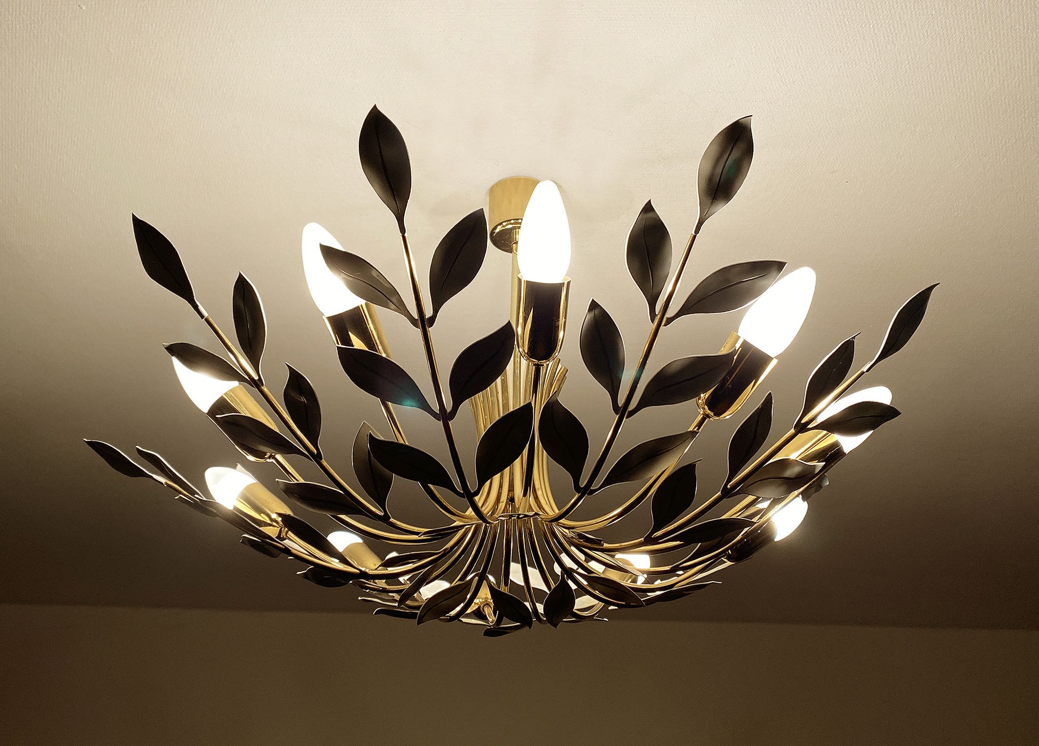 Large Pendant Lamp Vintage Pattern Bouquet Leaves, Brass, White Gold, 50s