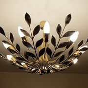 Large Pendant Lamp Vintage Pattern Bouquet Leaves, Brass, White Gold, 50s