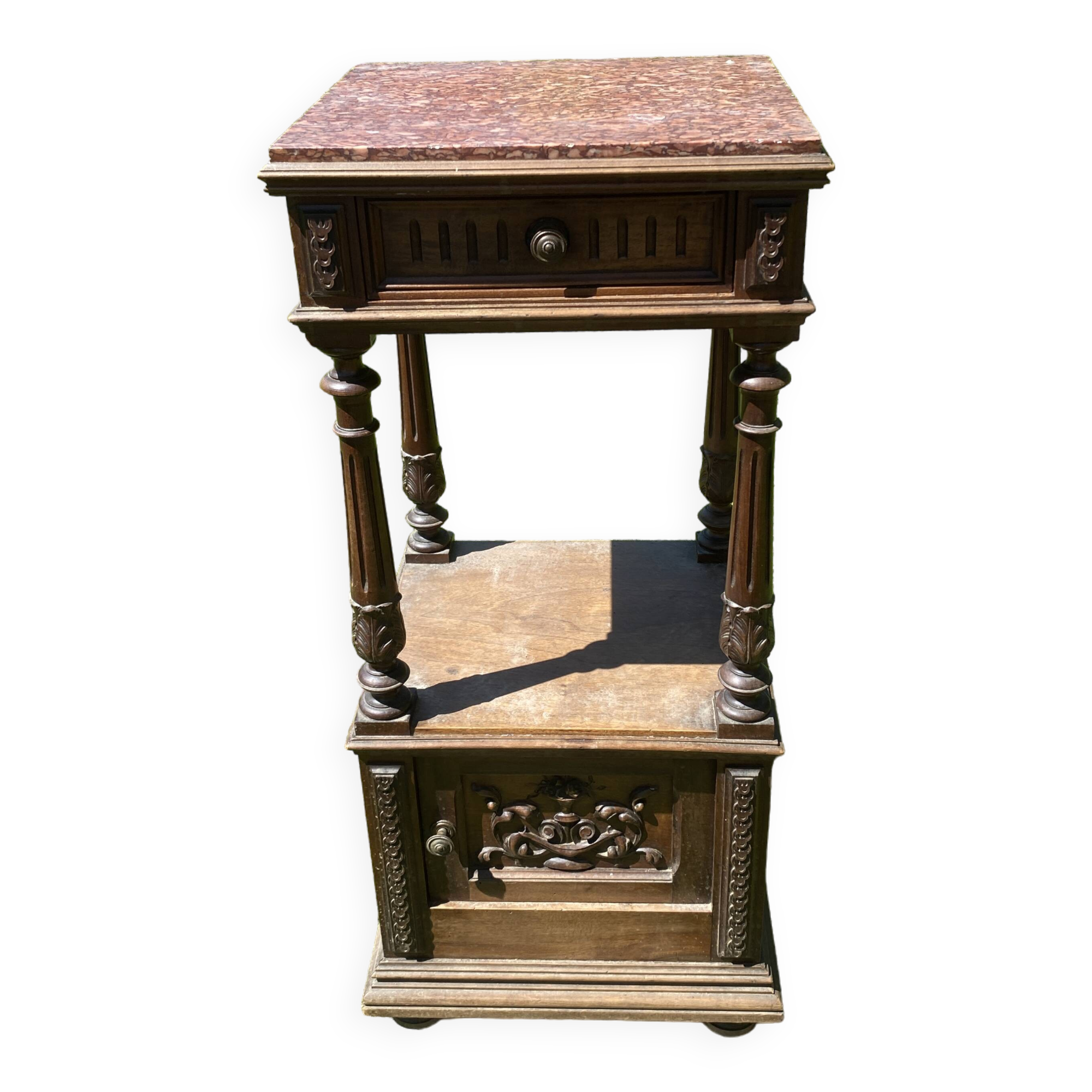 19th century wooden and pink marble bedside table, Henri II style