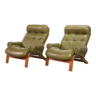 Lot de 2 fauteuils de salon Rybo Rykken en cuir vert olive avec accoudoirs