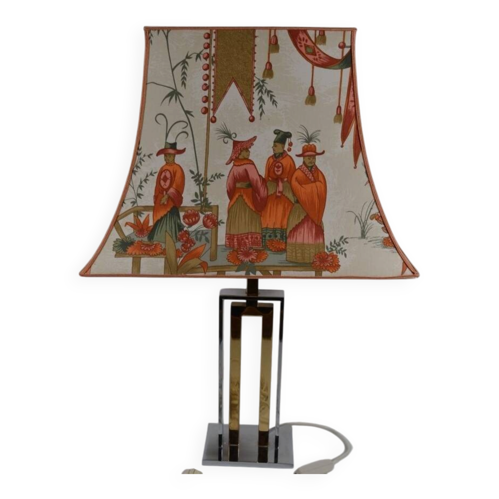 France 1970s - Vintage lamp with a chrome base and shade featuring Asian decor.