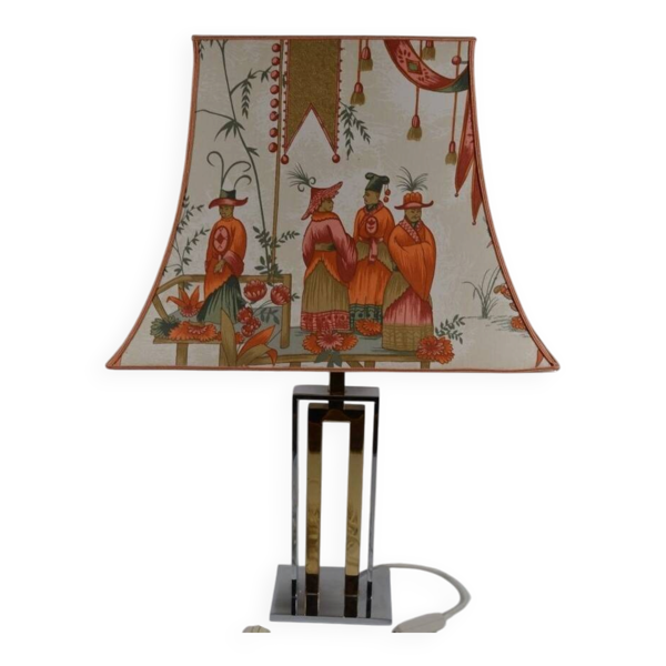 Lampe vintage avec pied et abat-jour en chrome avec décor asiatique, France années 70 -
