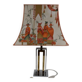 France 1970s - Vintage lamp with a chrome base and shade featuring Asian decor.