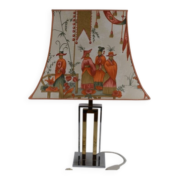 France 1970s - Vintage lamp with a chrome base and shade featuring Asian decor.