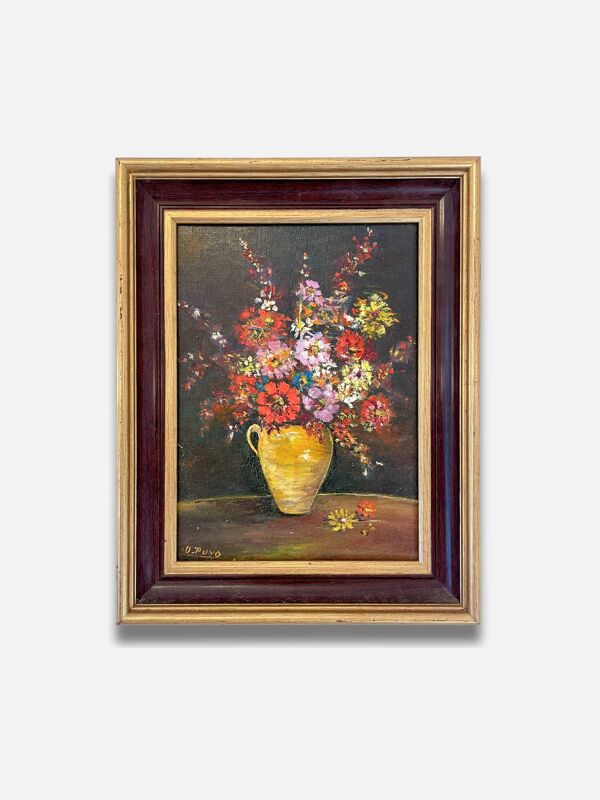 Tableau ancien - Fleurs dans un pichet jaune