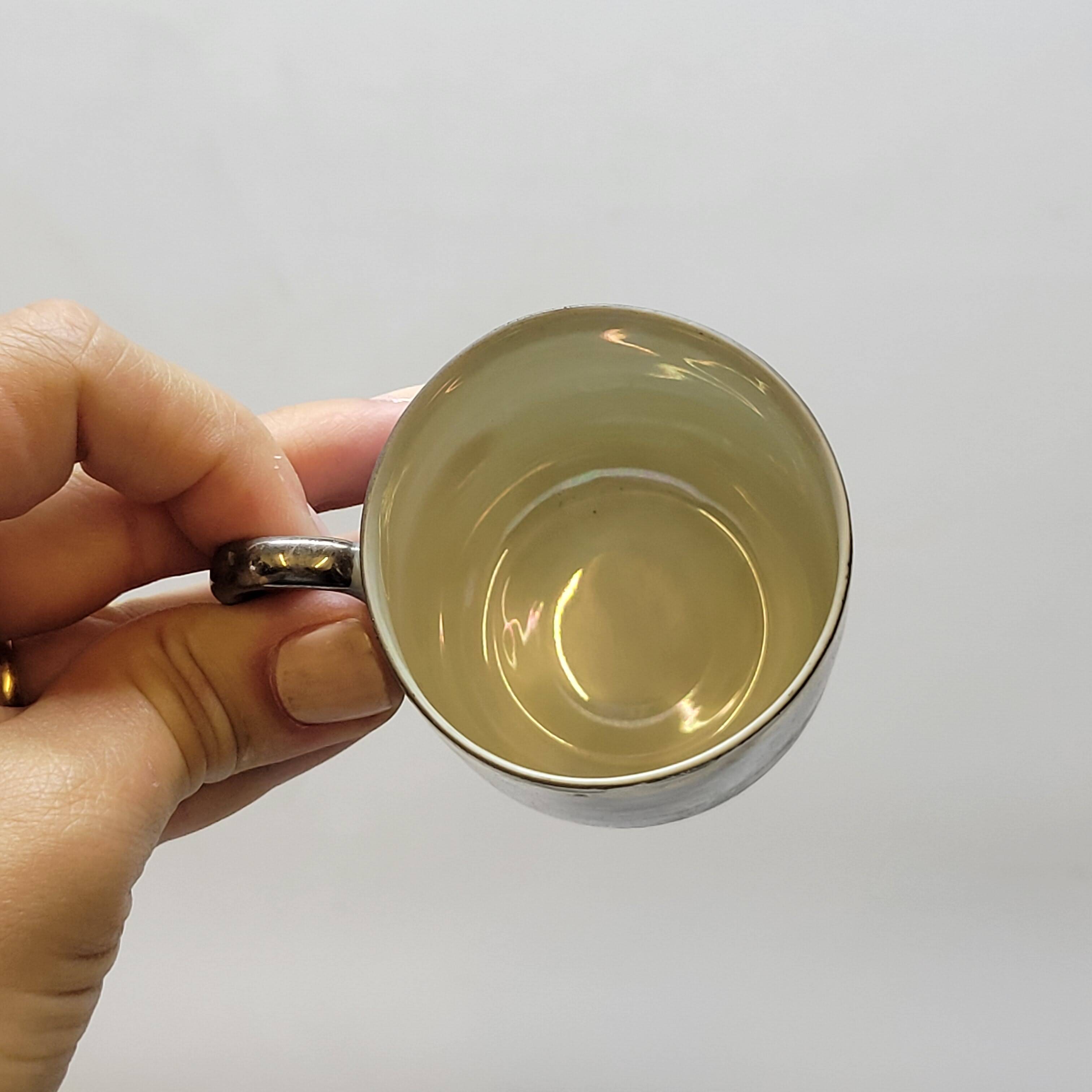 Art deco coffee service in fine iridescent blue porcelain, metal and wood