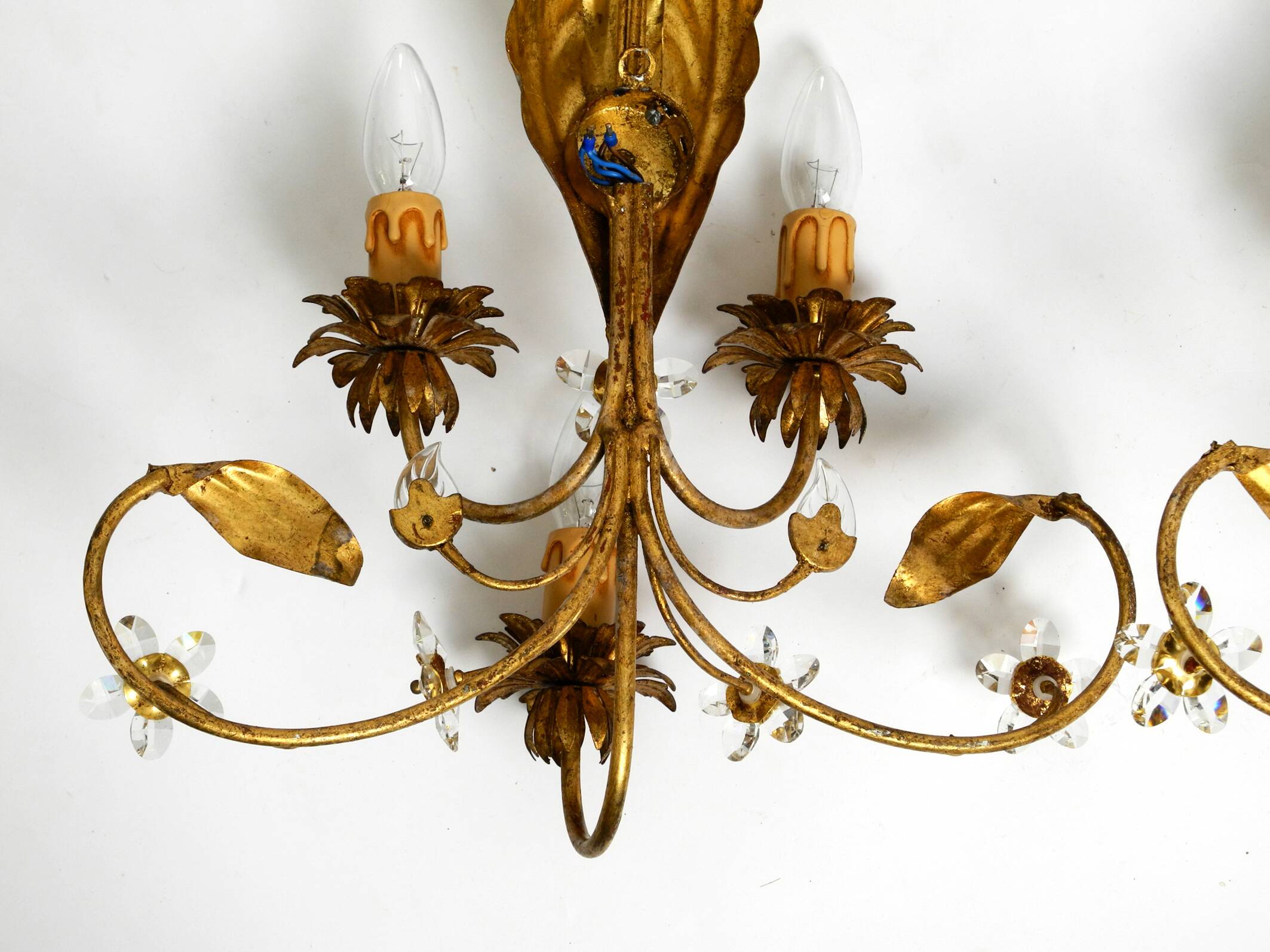 Pair of gold plated Italian 1980's floral Regency Murano glass sconces