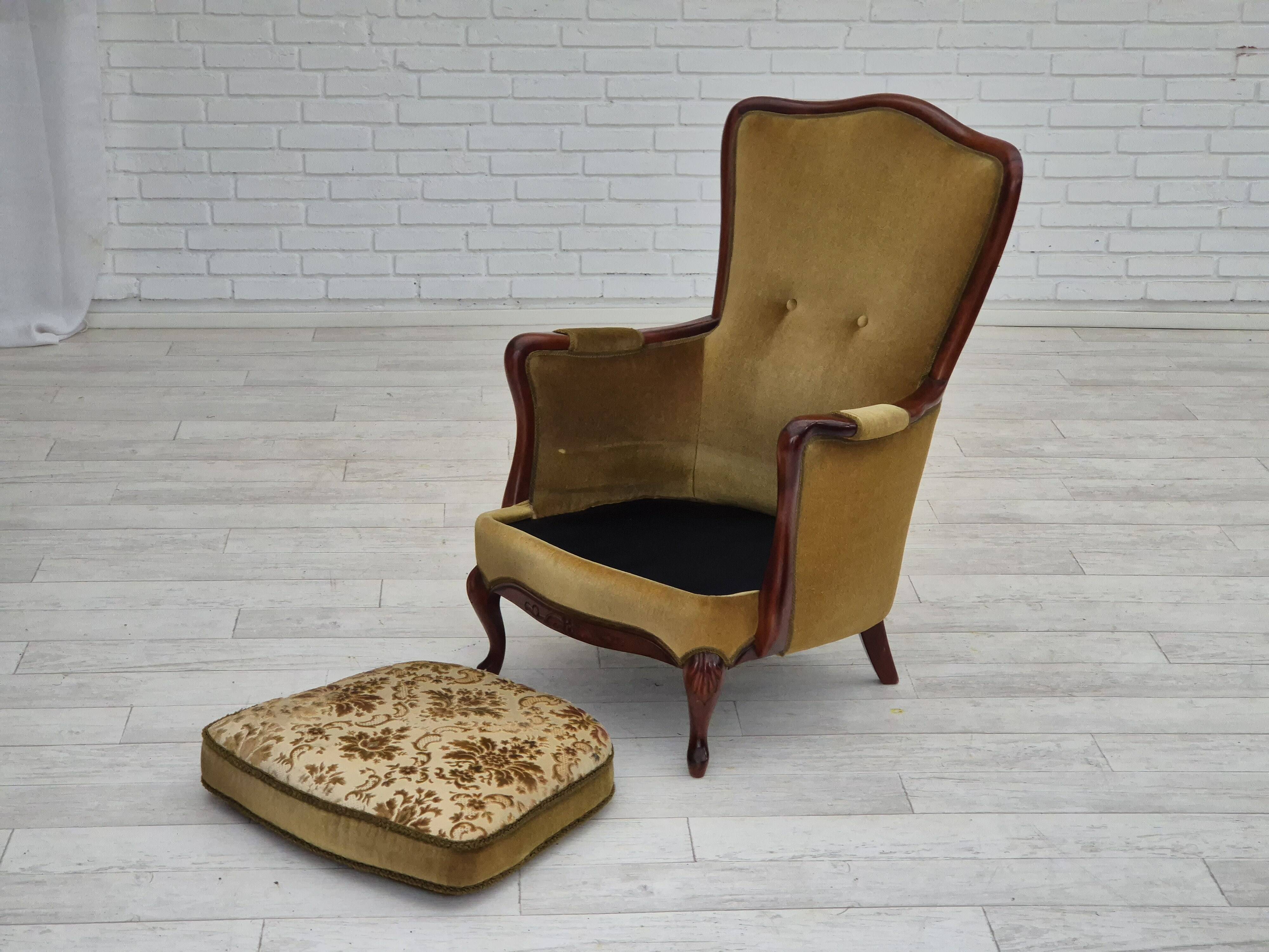 1950s, Danish highback armchair, original upholstery, green velour.