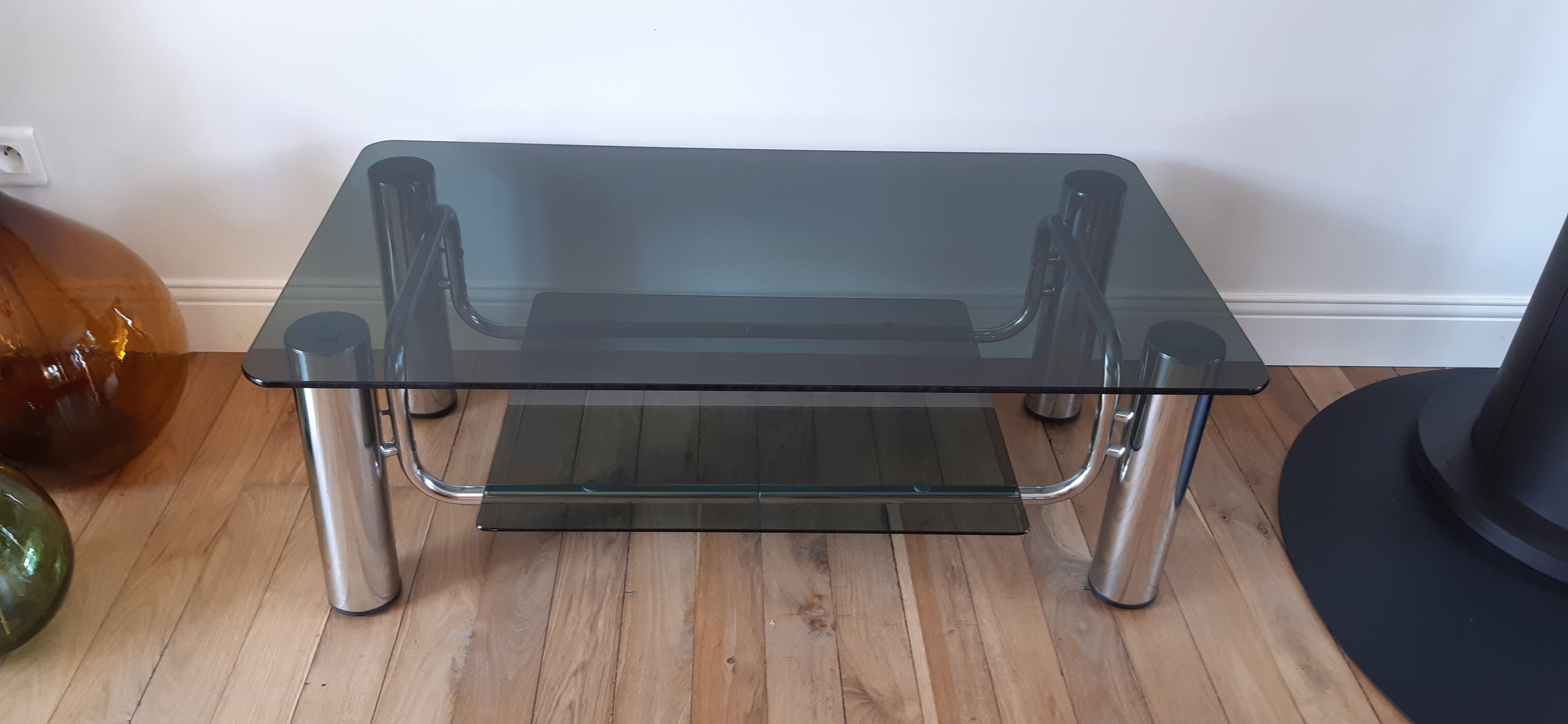 Smoked glass coffee table and chrome legs 70s