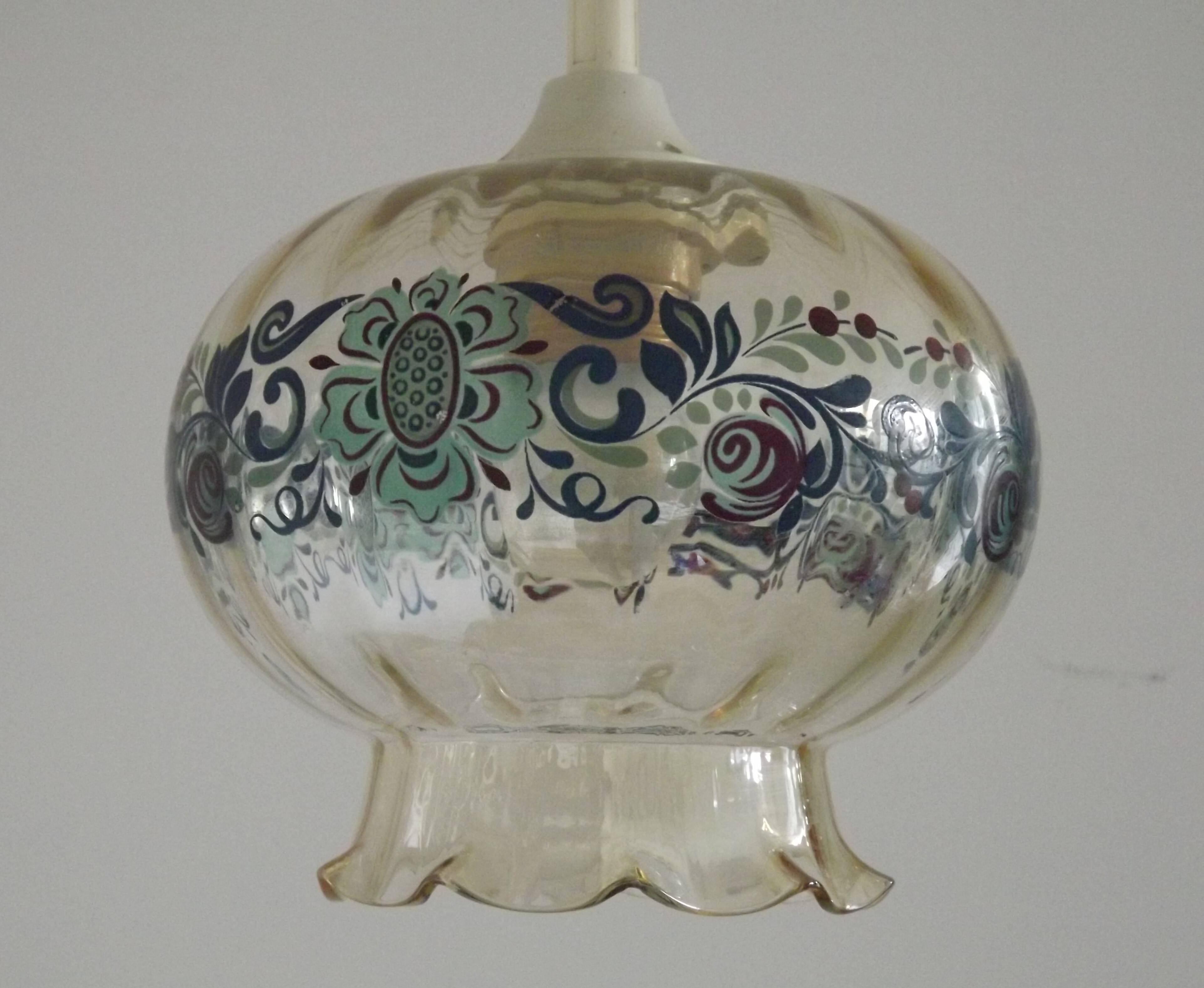 French Vintage Clear Glass Ceiling Light with Colourful Floral Decoration