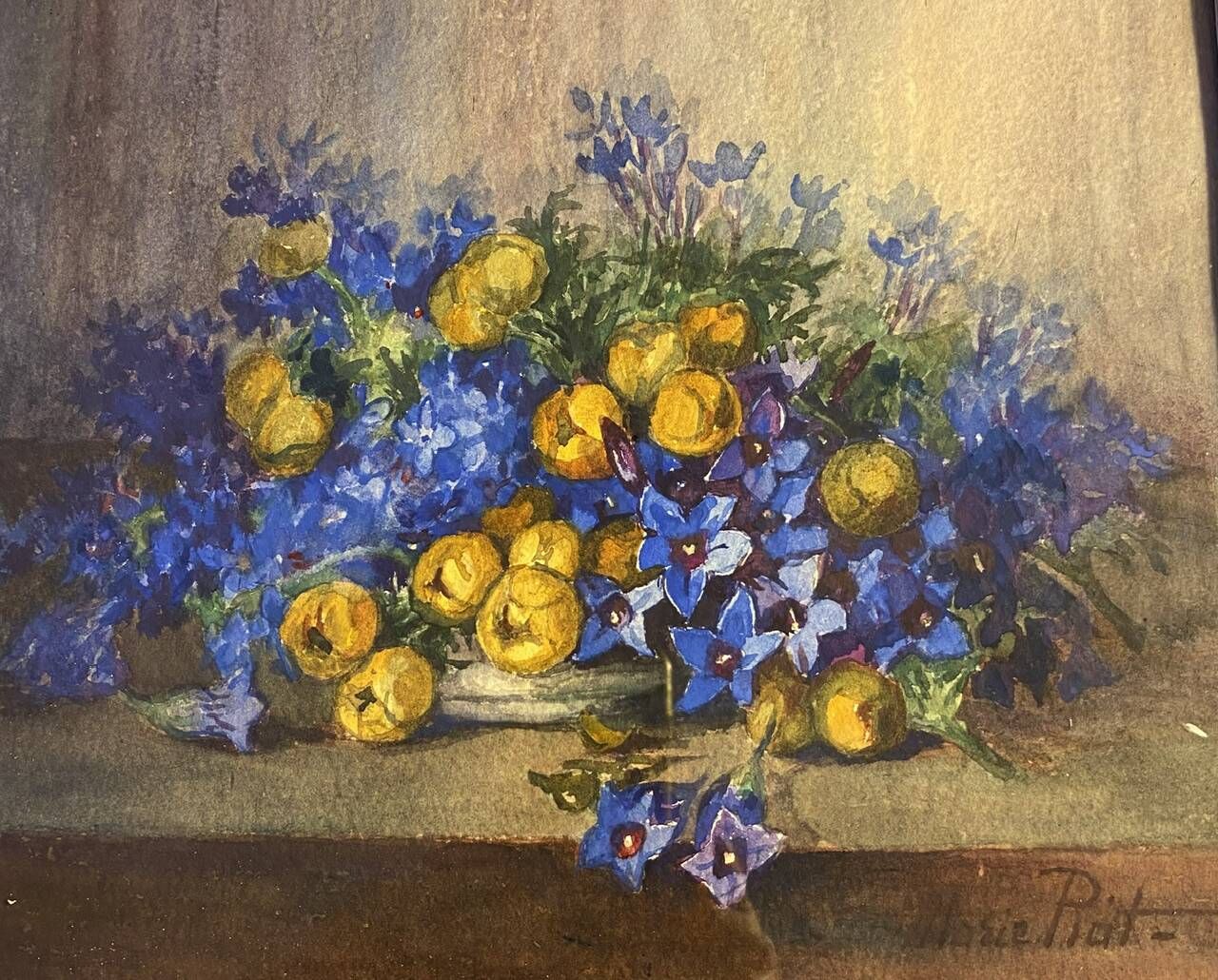 Old painting, still life with flowers, signed Marie Piat (1880-1977)