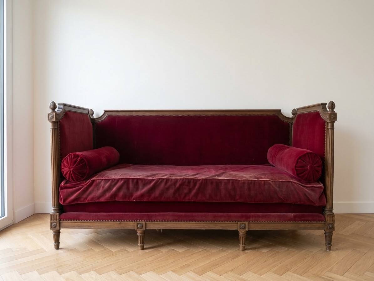 Canapé banquette lit d'appoint Louis XVI en velours bordeaux