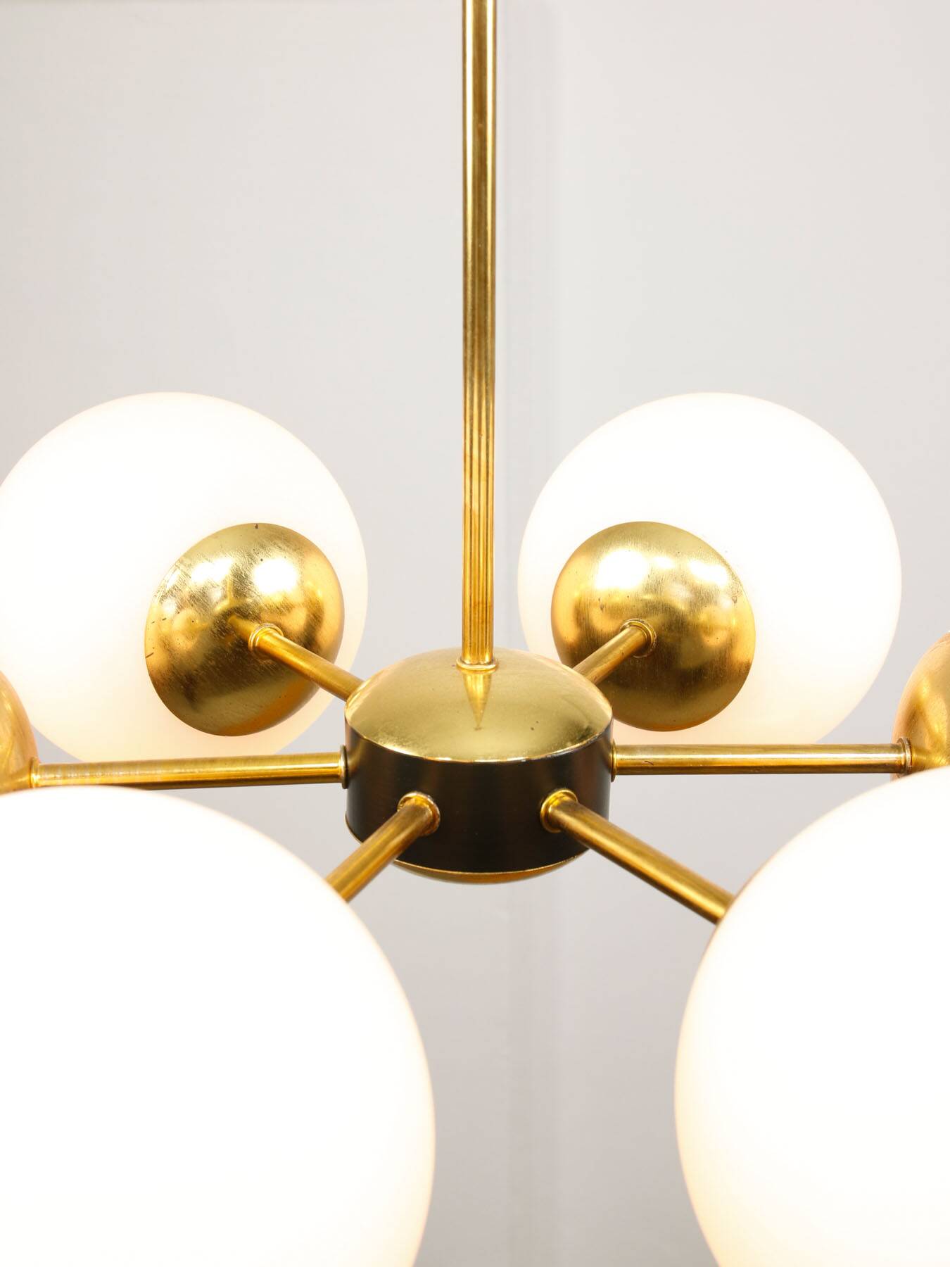 Mid-Century Modern Italian 6-Arm Sputnik Chandelier with Opaline Shades, 19