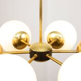 Mid-Century Modern Italian 6-Arm Sputnik Chandelier with Opaline Shades, 19
