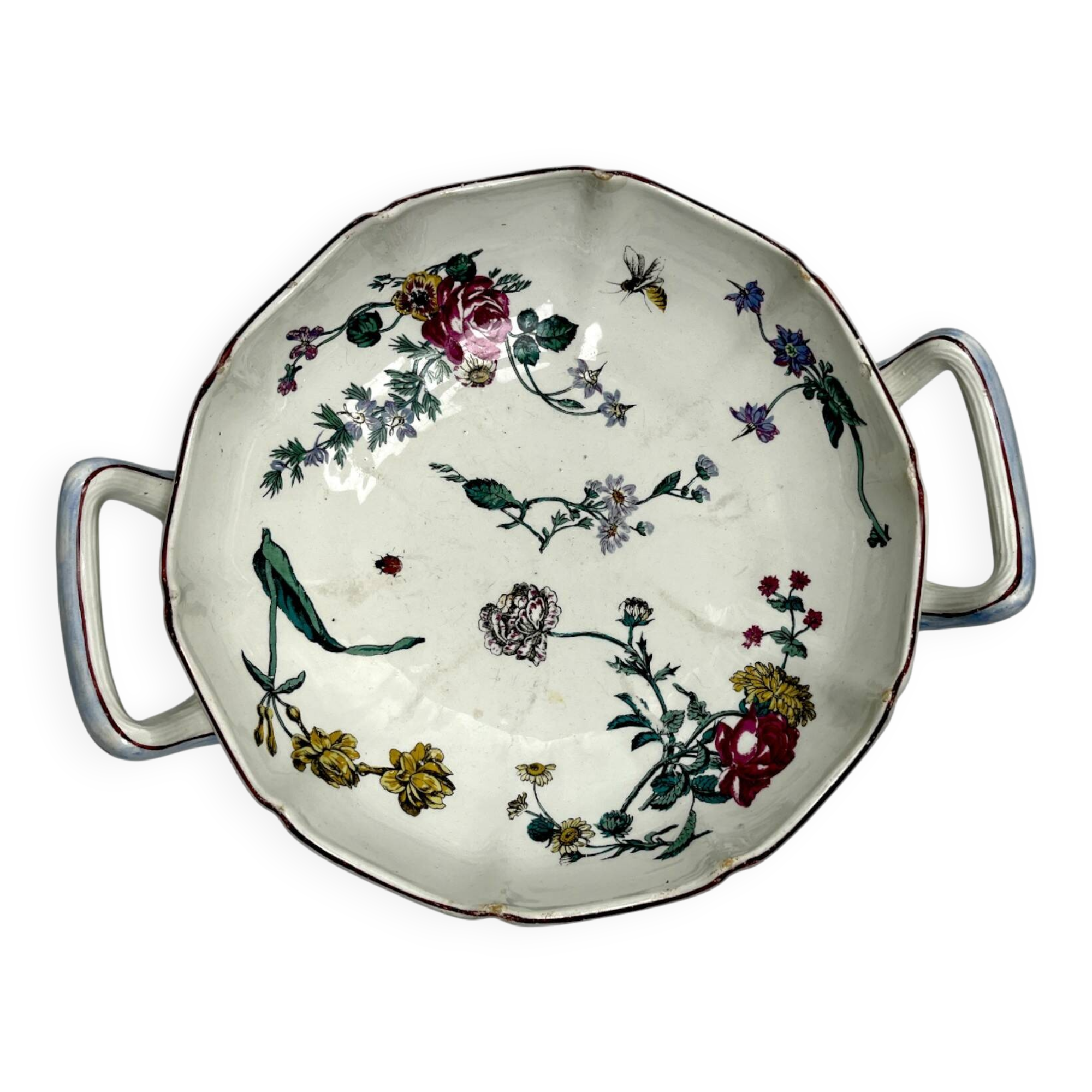 Gien, coupe faïence polychrome insectes et fleurs fin XIXème