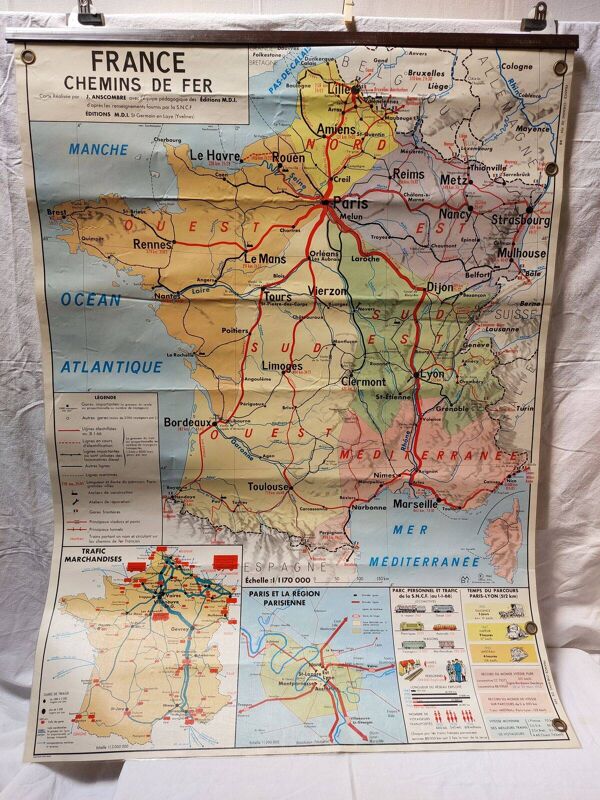 Carte scolaire vintage MDI bi-faces France administrative & chemins de fer