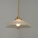 Vintage French White Opaline Glass Pendant Light Clear Glass Edge 5407