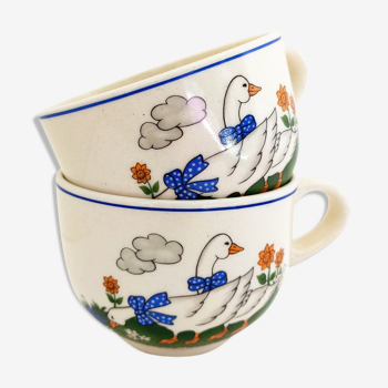 pair of old white bowls with handle vintage Earthenware Art Deco animal decoration: geese with blue ribbons