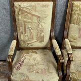 Pair of Louis XVI style shepherdesses with tapestry of La Fontaine's fables circa 1850