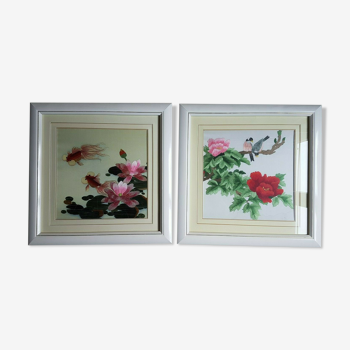 Paire de tableaux asiatiques vintage avec compositions en soie
