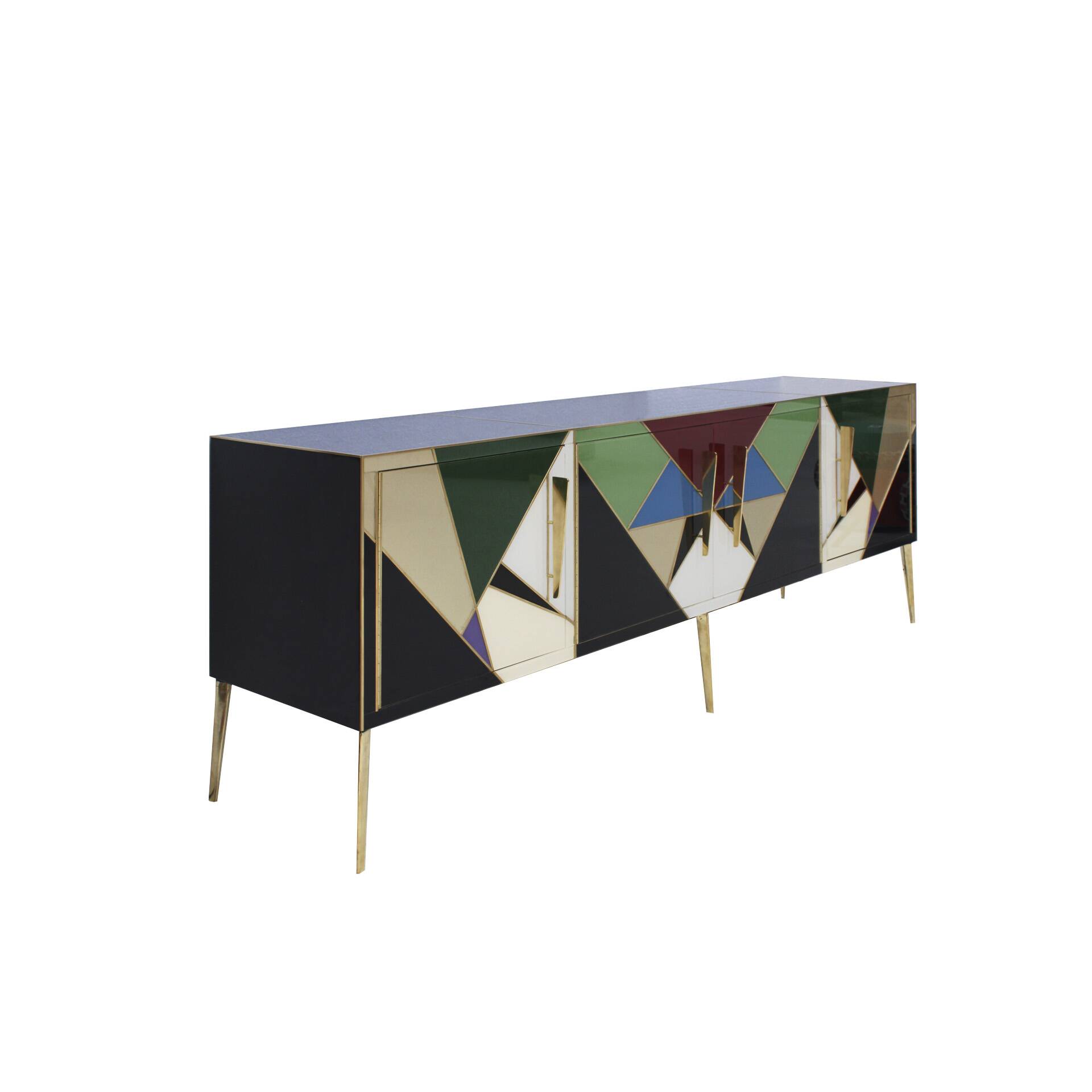 Mid-Century Style Italian Sideboard Made of Wood Brass and Colored Glass