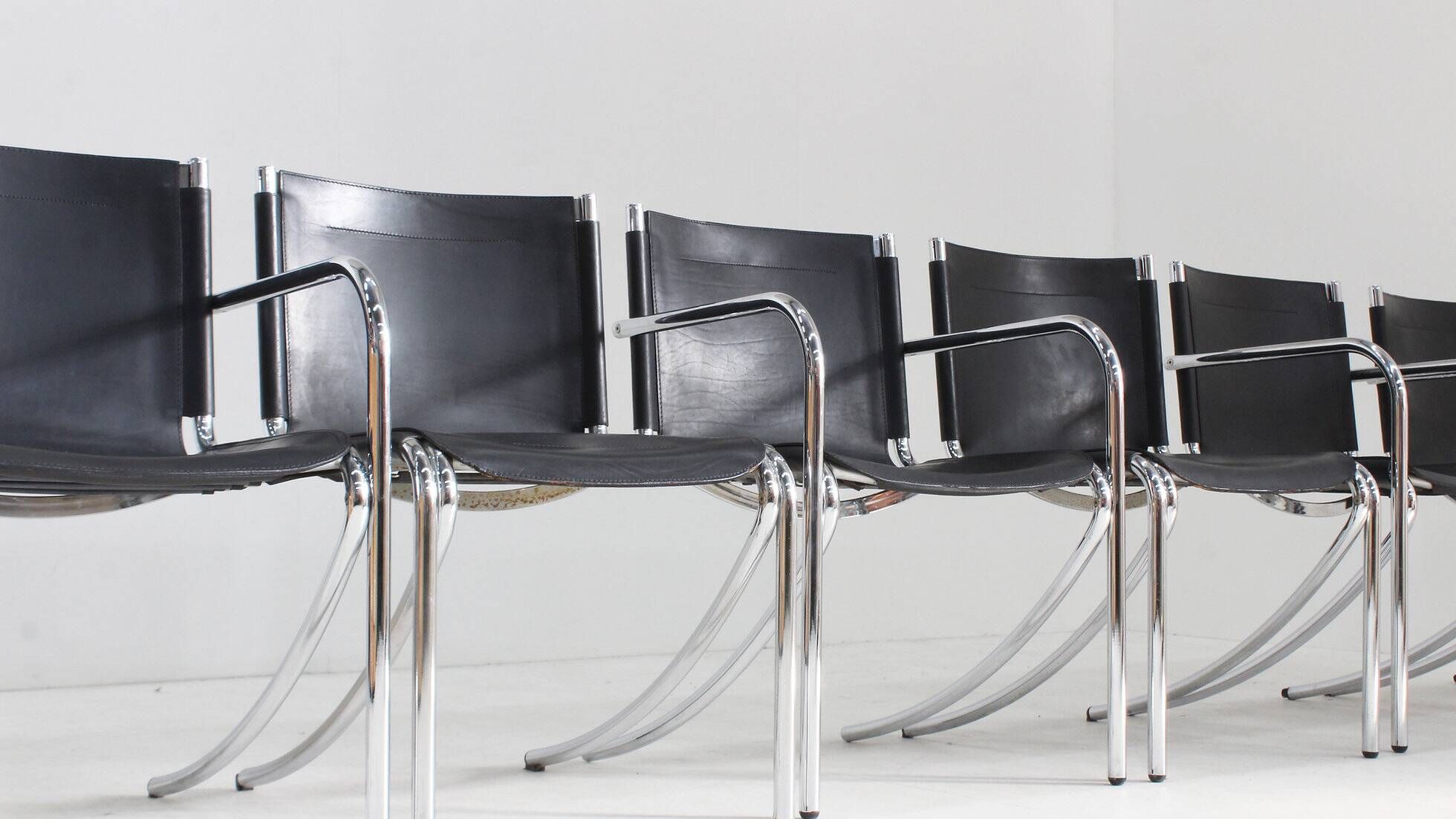 Giotto Stoppino black leather and chrome vintage dining chairs model Jot